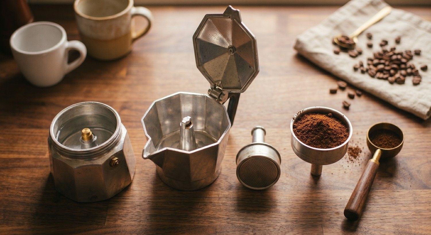 Cafetera italiana desarmada mostrando el armado correcto
