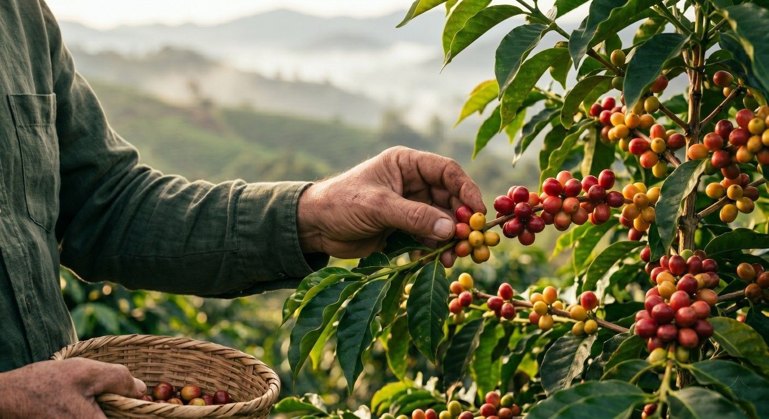 Cerezas maduras de café siendo cosechadas a mano en una finca de montaña