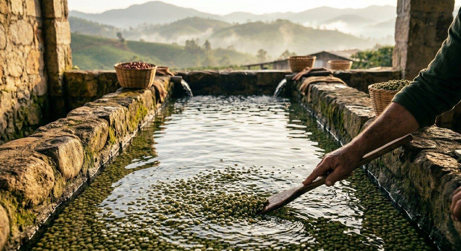 Canal de lavado de café con granos verdes sumergidos en agua