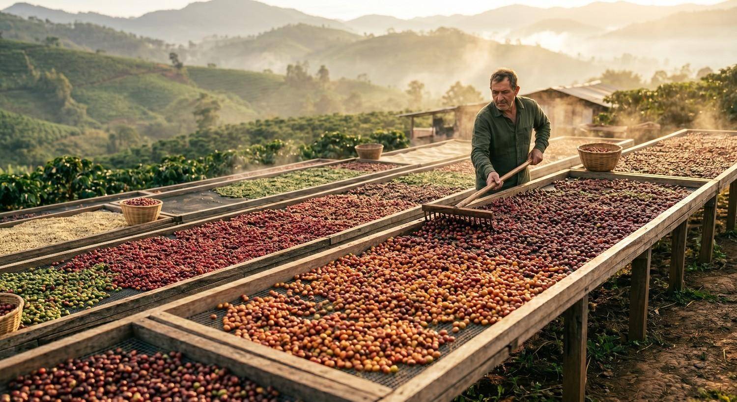Cerezas de café secándose en camas elevadas, proceso natural